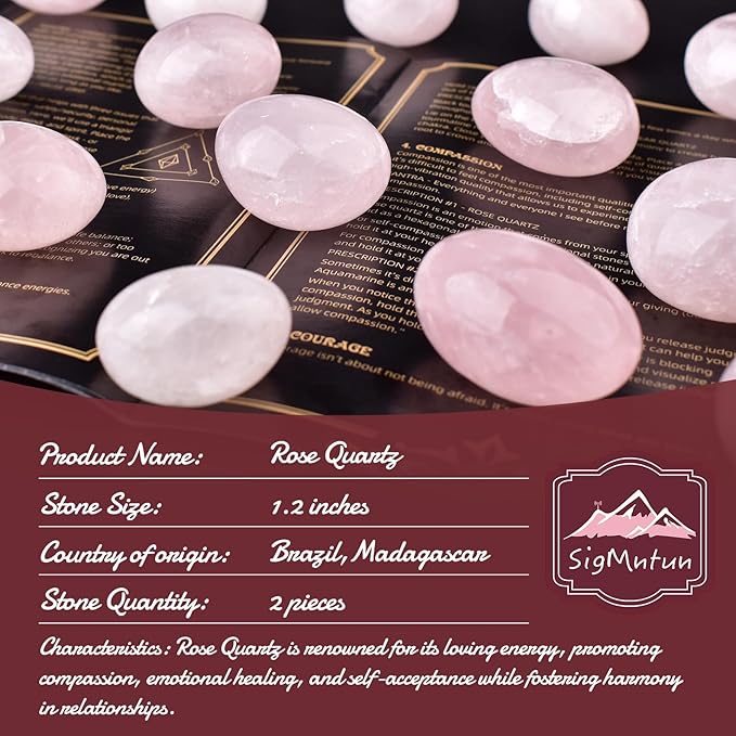 Polished Rose Quartz Crystal Stones - 2 Pcs of 1.2" Worry Stone for Anxiety, Pocket Palm Stone Super Large Handpicked Natural Tumbled Gemstones for Meditation, Reiki, Chakra Healing, Home Decor
