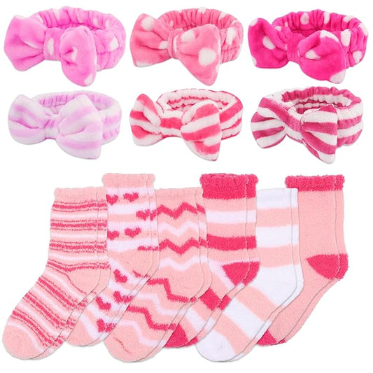 ANBALA 12Pcs Spa Sleepover Party Supplies - 6 Pink Spa Headbands & 6 Fuzzy Socks for Slumber Party Gifts
