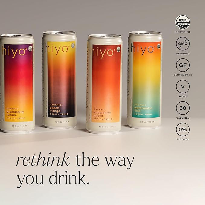 Hiyo Organic Social Tonic- Passion Fruit Tangerine, 12 Pack – N.A. Functional Seltzer, Sparkling Water Crafted with Organic Adaptogens, Nootropics, & Botanicals