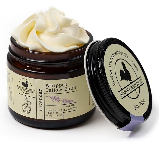 Hearth and Homestead: Handmade Whipped Tallow Balm, Organic, Moisturizer, Body Butter with Infused Olive Oil, for Eczema, Rosacea, Baby (Lavender)