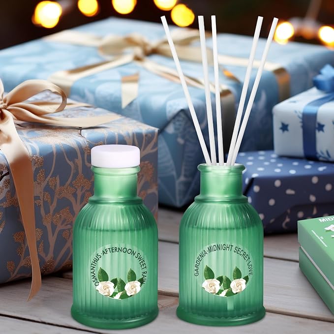 2 Packs Reed Diffuser Set, 200ml Gardenia and Tuberose Essential Oil, Floral Scent Home Fragrance with 12pcs Fiber Sticks, Aromatherapy Scented Gifts for Bedroom Bathroom Office Shelf Decor