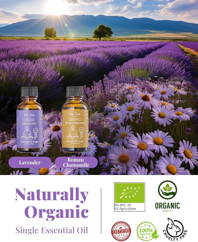 VTS Organic Essential Oils Set with Waterless Diffuser, Lavender & Roman Chamomile Essential Oil Aromatherapy Gift Set (1 fl.oz Lavender Oil & 1 fl.oz Chamomile Oil & Portable Diffuser)