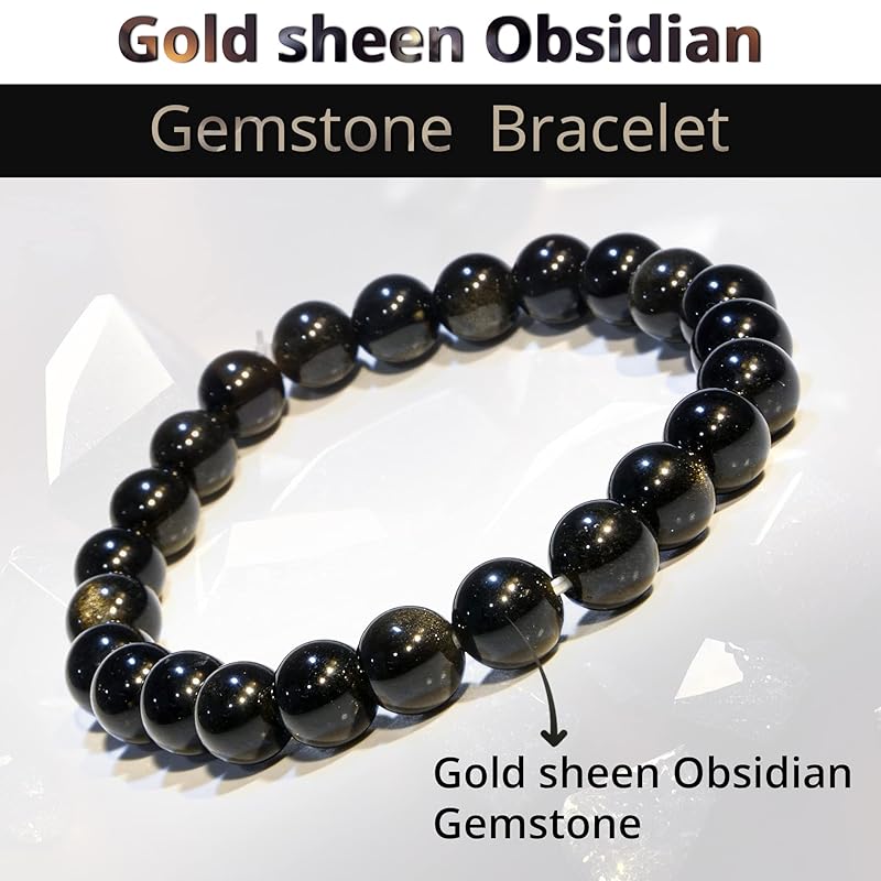 Gold Sheen Obsidian Bracelet – Natural Healing Crystal Bracelet for Women and Men – 8 MM Beaded Bracelet for Spiritual Healing, Positive Energy – Unisex Elastic Adjustable Size Gemstone Bracelet