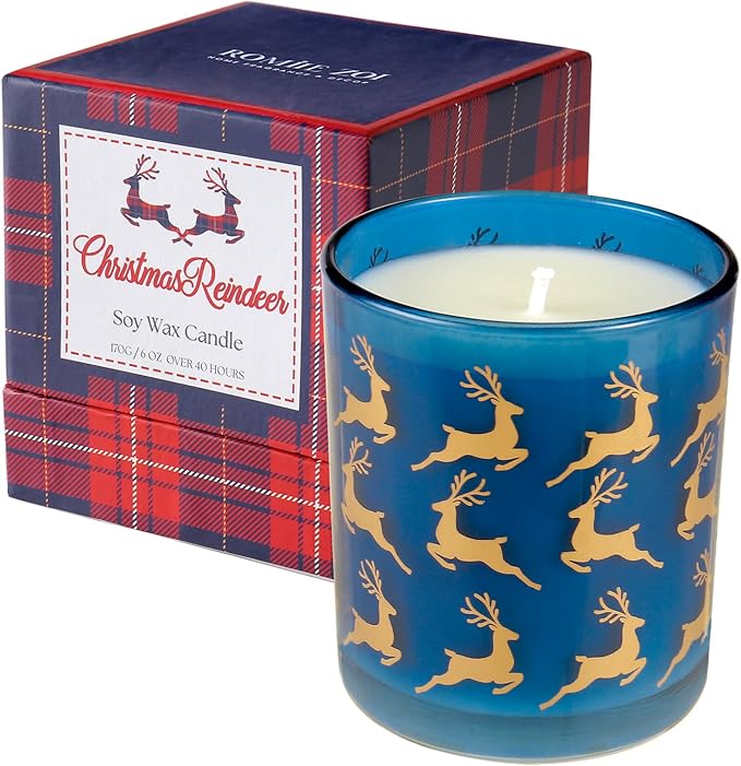 ROMIIE ZOI Christmas Scented Candle - 6oz Soy Wax Candle, Christmas Reindeer, Infused with Peppermint Aroma - Scottish Plaid Navy and Red Gift Box for Holiday Season Gift