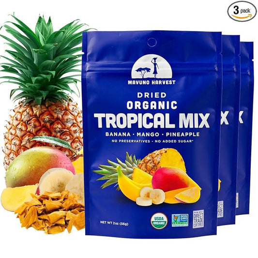 Mavuno Harvest Tropical Mix Dried Fruit Snack | Unsweetened Organic Mixed Dried Fruit | Gluten Free Healthy Snacks for Kids and Adults | No Sugar Added, Vegan, Non GMO | 2 Ounce, Pack of 3