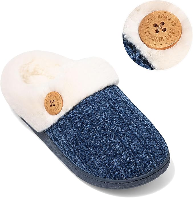 Evshine Warm Knit House Slippers for Women Comfy Wool-Like Lined Chenille Slippers with Memory Foam and Indoor Outdoor Soles