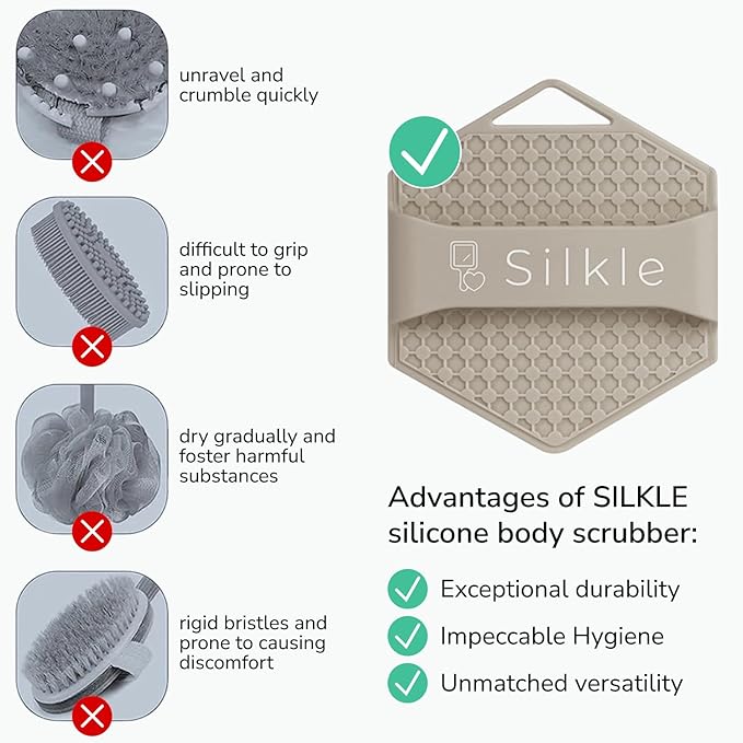 Silicone Body Scrubber - Exfoliating Bath Brush and Skin Cleanser - Shower Sponge for Gentle Body Scrub and Wash - Silicone Scrubbing Care Tool for a Refreshed and Renewed You - Clay