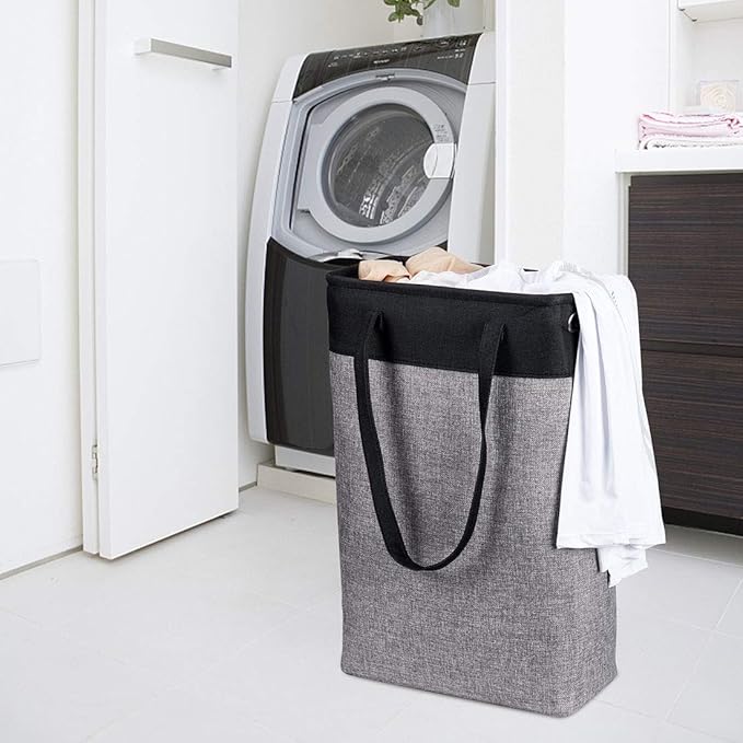 i BKGOO Laundry Basket with Handles Black&Grey-Slim Laundry Bin Collapsible Dirty Clothes Basket Narrow Laundry Bag Foldable Dirty Hamper for Camping, Dorms, Apartments