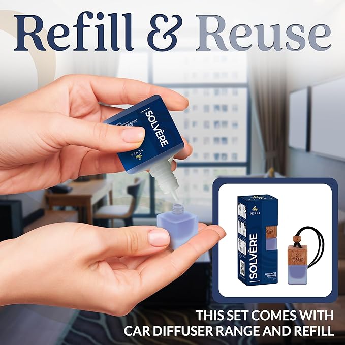 Solvère Gift Set with Refill Bottle | Automotive Air Fresheners with Solvère Fragrance | Strong Car Perfume | Odour Eliminating Car Air Fresheners by Perfa