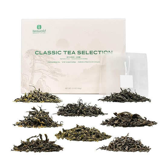 iTeaworld 8 Flavors Sampler Set, Up to 112 cups, High to Low Caffeine, Whole leaves, Loose Leaf Classic Chinese tea, Including Oolong and Black Teas, 16 Sample Bags with 20 Empty Tea Bag, 2.1OZ