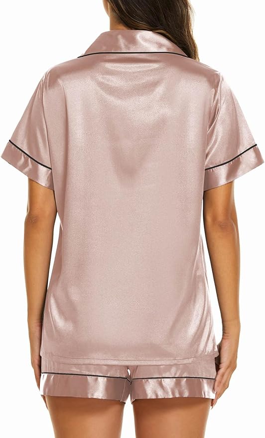 Ekouaer Silk Pajamas for Women Short Sleeve Sleepwear Soft Button Down Loungewear 2 Piece Satin Pjs Shorts Set S-XXL