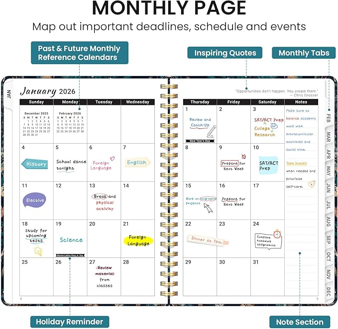 2026 Planner, Monthly and Weekly Calendar Planner for Women, January 2026 - December 2026, Hardcover Pretty 2026 Agenda Planner Book with Tabs, Spiral Bound, Perfect for School Office Home Supplies, 6.3" x 8.5" - Royal Flowers