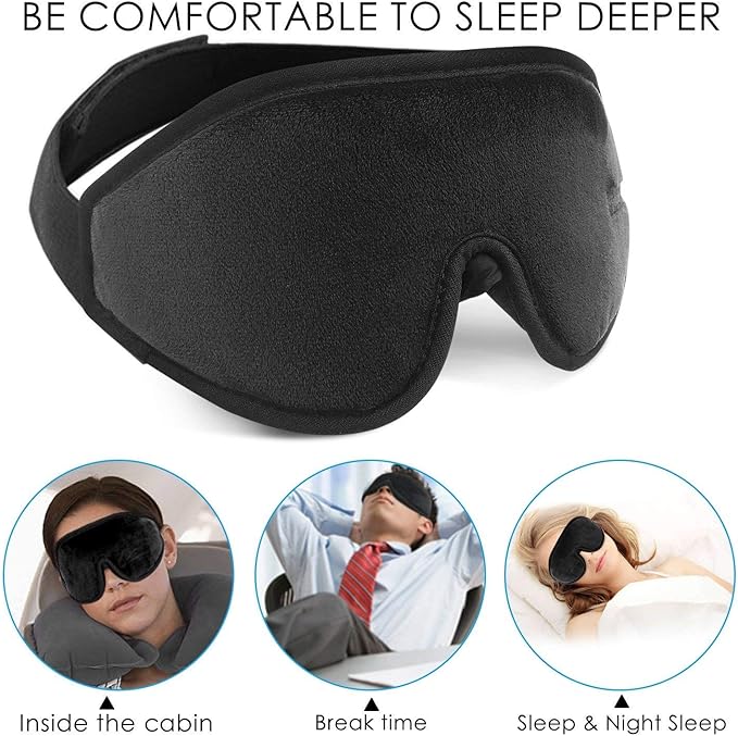 2Pack Upgraded 3D Contoured Sleep Mask - Adjustable Blackout Blindfold for Men Women - Complete Darkness and Free Eye Movement (Black)