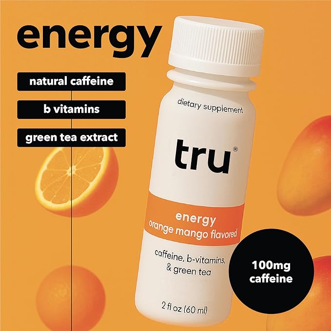 Tru Energy Shot, Orange Mango Flavored Extra Strength Energy Shots - Zero Sugar Energy Drink plus Vitamin B3, B6, B12, and Green Tea - Natural Caffeine, GF, Keto, Vegan Supplement, 2oz (Pack of 24)