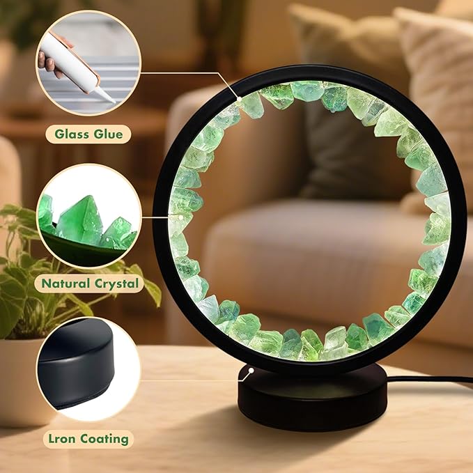 Healing Crystal Bedside Lamp,3 Colors Ambient Night Light,USB Dimming Crystal Table Lamp,Natural Energy Crystal Decor for Bedroom Home Dating Gift (Green, Circle)