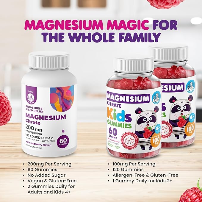 DR. MORITZ Calm Magnesium Gummies for Adults (200mg, 60 Count) and Kids Magnesium Gummies (60 Count, 2 Pack) - for Relaxation Support - Sugar-Free & Non-GMO - Raspberry Flavor