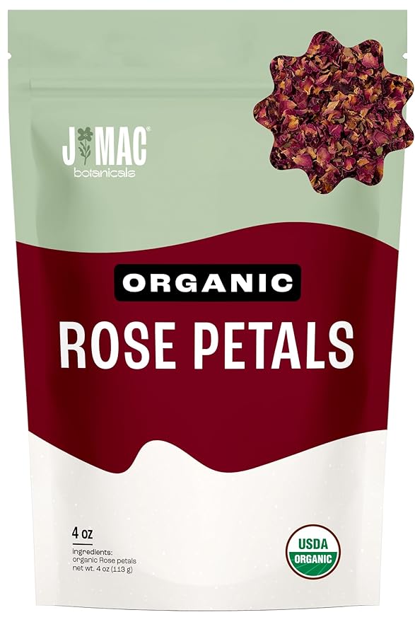 J MAC BOTANICALS, Organic Rose Petals (4 oz) Certified USDA Organic, edible, culinary grade dry rose petals, rose petals for herbal tea, cooking and crafts