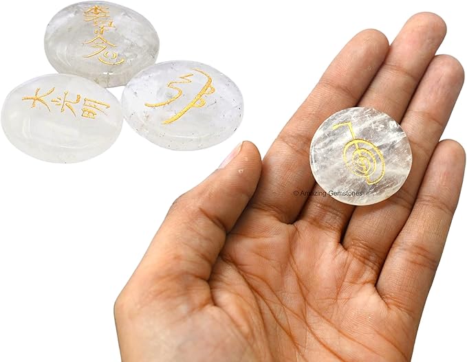 Amazing Gemstone Clear Quartz Crystal Reiki Stones with Engraved Symbols for Usui Reiki Healing, Set of 4 Pcs (Indian Handmade Reiki Gift Set)