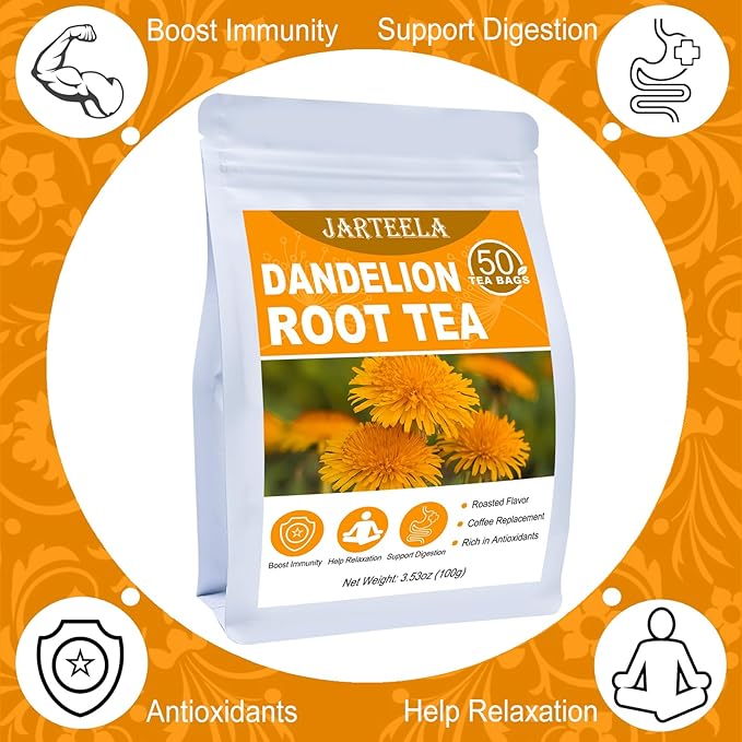 Jarteela - Roasted Dandelion Root Tea Bag, 2g x 50 Count - Dandelion Tea - Premium Herbal Dandelion Tea Bags - Non-GMO - Caffeine-free Tea