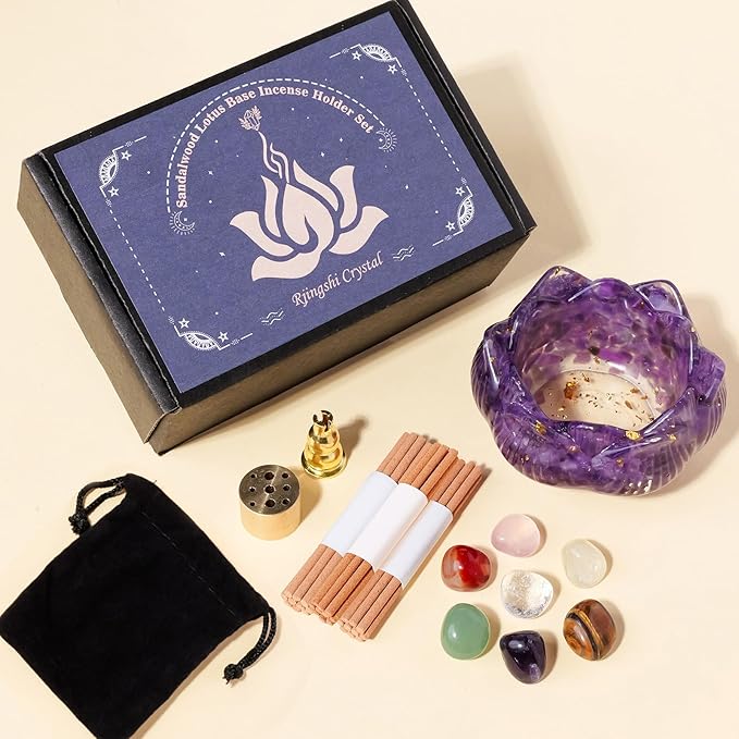 15pcs Set Amethyst Resin Crystal Lotus Incense Burner with 40 Incense Sticks and Removable Ash Collector - Protect Energy for Meditation Room, Yoga & Home Decor Birthday Lover Gift