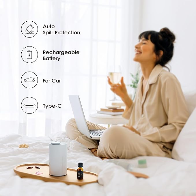 Airversa Waterless Essential Oil Diffuser Starter Kit with 30mL Fragrance Oil Inspired by Four Seasons Hotel, Battery Operated Mini Scent Air Machine Portable Diffuser for Home Car Office, White AN6