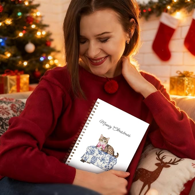 Exqcom Chinoiserie Christmas Tabby Cat Spiral Notebook Gifts, Pink Bow Blue and White Toile Tabby Cat Journal for Women, Merry Christmas Hardcover Notebook Journal Office School Supplies, 5.5x8.3 Inch