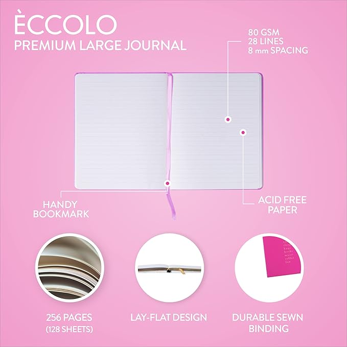 Eccolo Large Lined Journal Notebook, Hardbound Cover, Writing Journal, 256 Ruled White Pages, Ribbon Bookmark, Lay Flat, Desk Size for Work or School, More Fun More Love (Hot Pink, 8x10 inches)
