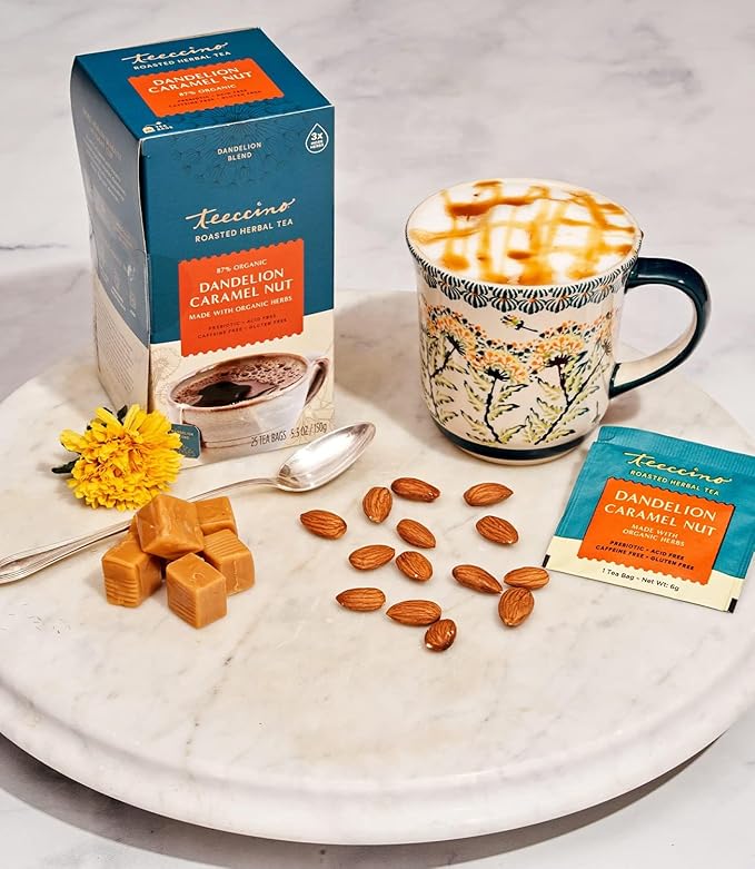 Teeccino Dandelion Caramel Nut Tea, 25 Tea Bags - Caffeine Free, Roasted Herbal Tea with Prebiotics, 3x More Herbs than Regular Tea Bags, Gluten Free, Great Hot or Iced, Herbal Tea