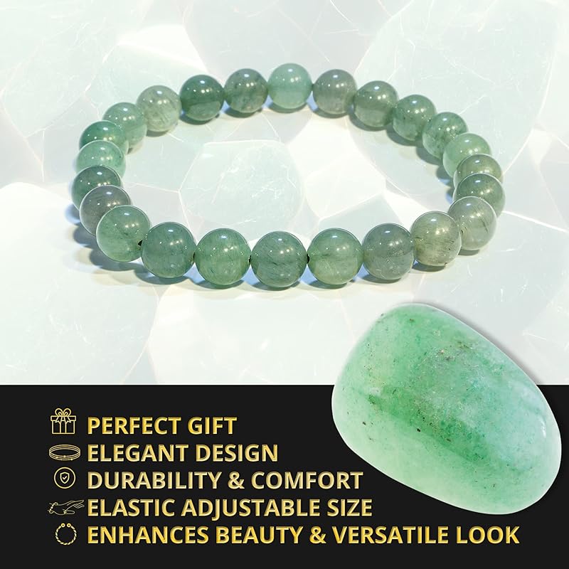 Green Aventurine Bracelet, Natural Healing Crystal Bracelet for Women and Men, 8mm Round Beaded Bracelet for Wealth, Prosperity, Elastic Adjustable Size Gemstone Bead Bracelet for Attract Success