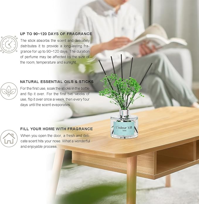 L'odeur Vill Reed Diffuser Set, 6.7 oz(200ml) Vanilla Scented Diffuser with 6 Oil Diffuser Sticks, Home Fragrance Essential Oil Reed Diffuser for Home Large Rooms Bathroom Shelf Decor