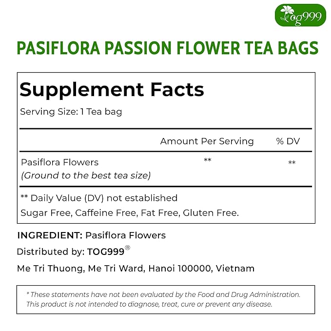 TOG999, Premium 120 Pasiflora Pasion Flower Tea Bags, 100% Natural & Pure. Passion Flower Herbal Tea. No Sugar, No Caffeine, No Gluten, Vegan.