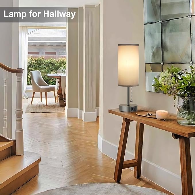 Grey Bedside Lamp for Bedroom Nightstand - Small Table Lamp with USB A + C Charging Port, 3 Color Temperatures Pull Chain Night Stand Light, Side Table Desk Reading Lamp for Living Room/Study Room