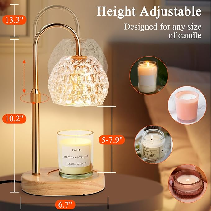 Adjustable Candle Warmer Lamp with Timer, Height & Brightness Control - Dimmable, 2-Bulb Candle Lamp Warmer, Electric Lamp Candle Warmer for Most Jar Candles-Clear