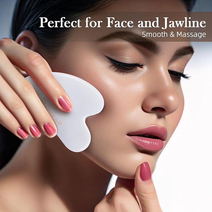 BESKAR Gua Sha Facial Tools, Natural Jade Stone Guasha Massager for Jawline Sculpting, Tighten Face Skin and Reduce Wrinkles, Face Eyes Body Neck Massage Tool, Skin Care Gift