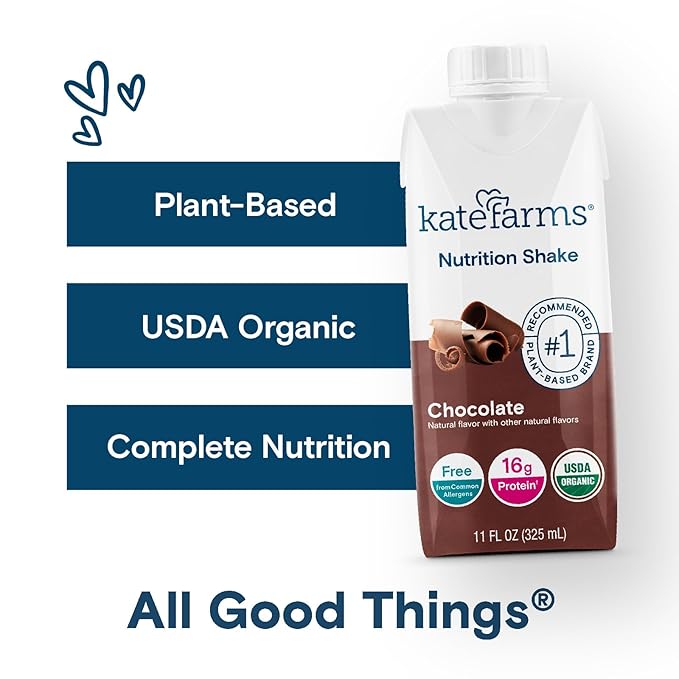 KATE FARMS Organic Nutrition Shake, Chocolate, 16g protein, 27 Vitamins and Minerals, Protein Meal Replacement Drink, Plant Based, 11 oz (6 Pack)
