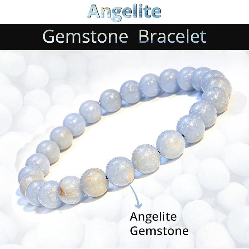 Genuine Angelite Bracelet – Healing Crystal Bracelet for Women and Men – 8mm Round Beaded Bracelet for Spiritual Healing, Positive Energy – Elastic Adjustable Size Gemstone Bead Bracelet