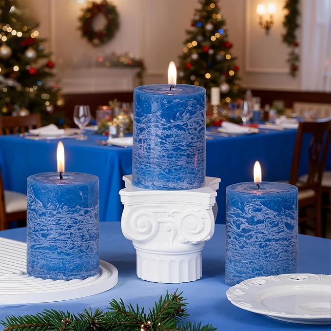 KONNI Blue Pillar Candles Set of 3, 3"x 4" Unscented Pillar Candles Bulk, 39 Hours Long Burning Candles, Smokeless & Dripless Round Candle for Wedding, Home Decoration, Parties, Spas, Dinner