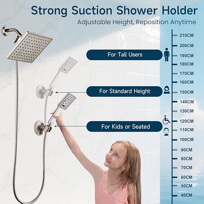 BRIGHT SHOWERS Handheld Shower Head Holder with Dual Angle Positions, Wall Suction Bracket Includes Adhesive 3M Disc, No Tools Required and Easy Installation, Brushed Nickel Finish