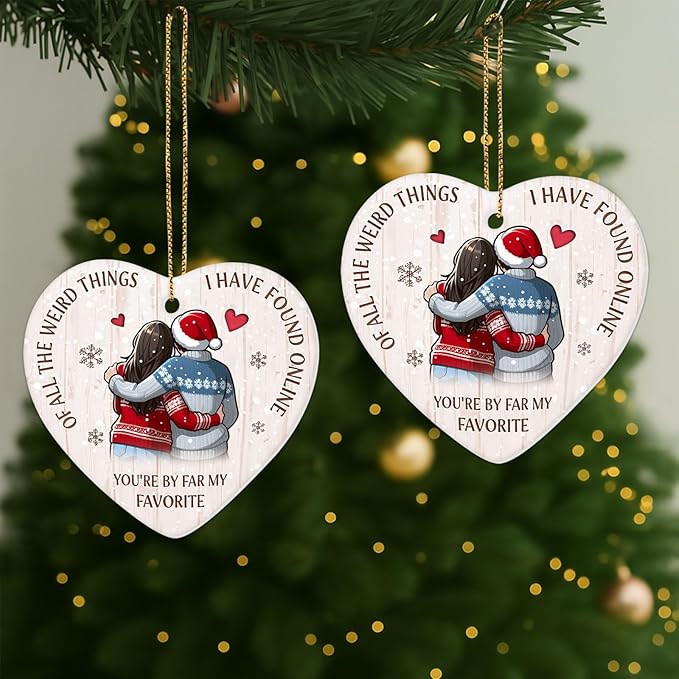 34HD Couple Gifts for Christmas, Couple Ornament for Christmas Tree Ceramic 2 Side Printed, Soulmate Partners Together Decor, Xmas Birthday Gifts for Him, Her