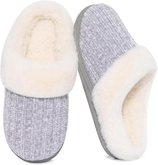 Evshine Warm Knit House Slippers for Women Comfy Wool-Like Lined Chenille Slippers with Memory Foam and Indoor Outdoor Soles