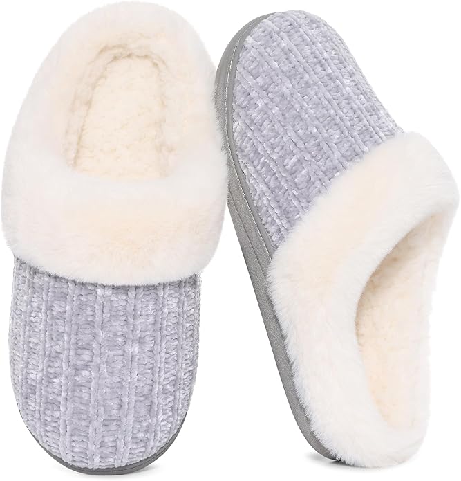 Evshine Warm Knit House Slippers for Women Comfy Wool-Like Lined Chenille Slippers with Memory Foam and Indoor Outdoor Soles