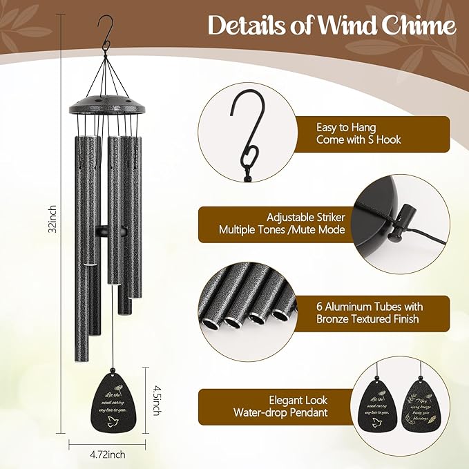 Large Aluminium Wind Chimes for Outdoor - 32" Black Sympathy Wind Chime, Christmas Memorial Gifts for Women, Garden Porch Patio Yard Decorative