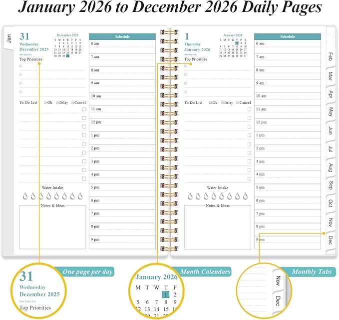 2026 Daily & Monthly Planner - One Page Per Day, Daily Planner 2026 from January 2026 to December 2026, Planner 2026 with 12 Monthly Tabs, 6.4" x 8.5", Blue Leaf