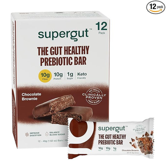 Supergut GLP-1 Boosting Prebiotic Bars, Chocolate Brownie - Gut Healthy Protein Snacks & Breakfast Bars - Keto-Friendly Meal Replacement Energy Bars (12 Count)