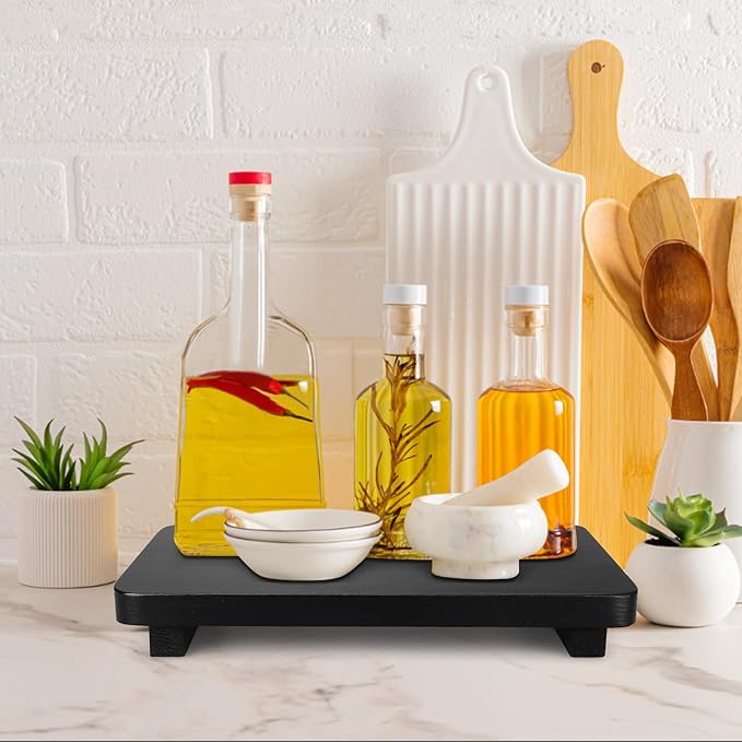 Black Bathroom Counter Organizer Tray Wood Riser Kitchen Countertop Trays Dish Soap Dispenser Holder for Bathroom Decor Wooden Pedestal Display Stands Kitchen Sink Accessories Vanity Tray