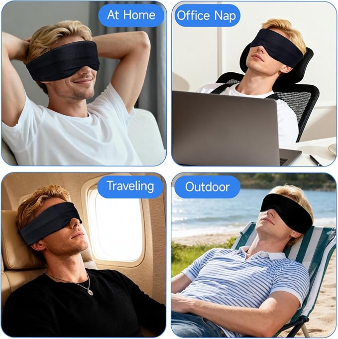 Cotton Sleep Eye Mask for Women Men, 100% Blocking Light Eye Mask Sleeping for Side Sleeper, Soft Zero Pressure Cooling Blackout Eye Covers for Sleeping, Sleep Mask fits All Heads Adjustable（Black）