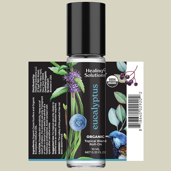 Healing Solutions (2 Pack) USDA Certified Organic Eucalyptus Essential Oil Roll-On Set - Rub on Chest and Breathe, for Skin