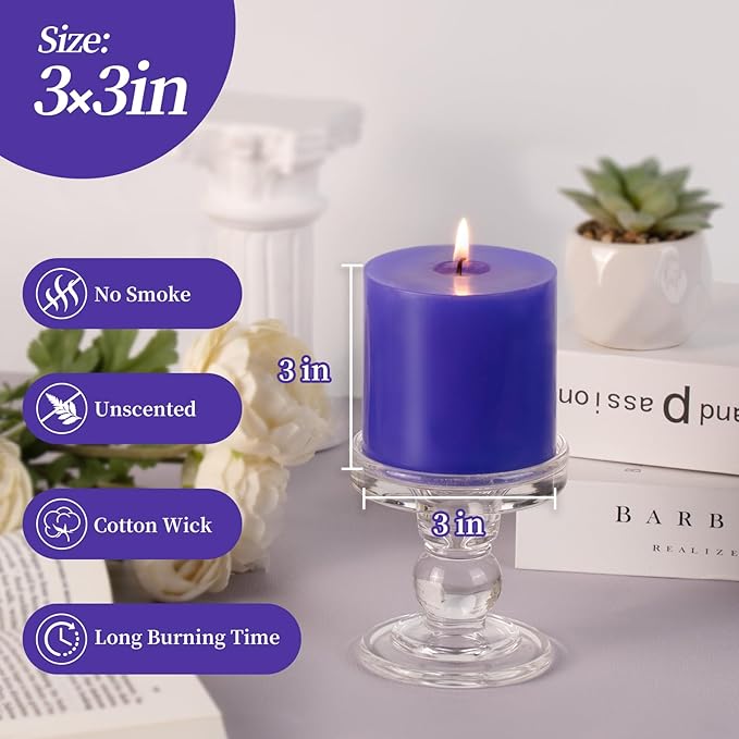 KONNI Violet Pillar Candles Set of 3, 3"x 3" Unscented Pillar Candles Bulk, 30 Hours Long Burning Candles, Smokeless and Dripless Large Round Candle for Wedding, Home Decoration, Parties, Spas, Dinner