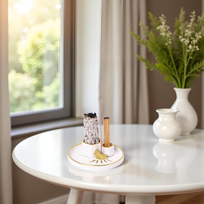 Ceramic Incense Holder Burner, Sage Holder for Burning, Palo Santo Sticks Holder, 5.51" Ash Catch Tray, Smudge Dish for Meditation Yoga, Modern Home Decor Gift