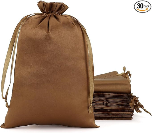Gold Satin Cloth Gift Bags, 30Pcs 6x9 with Drawstring, For Wedding, Birthday, Halloween Party, or Toga Party Favors, Greek Gold Wreath Crown, Hangover Kits or Jewelry
